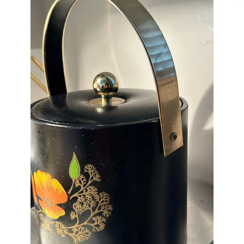 Vintage 1960’s Couroc California Poppy Black And Gold Ice Bucket Barware